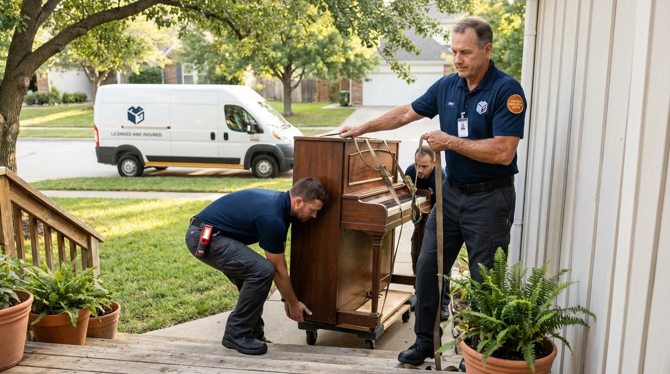 Licensed piano movers securing grand piano in Fort Fairfield, ME