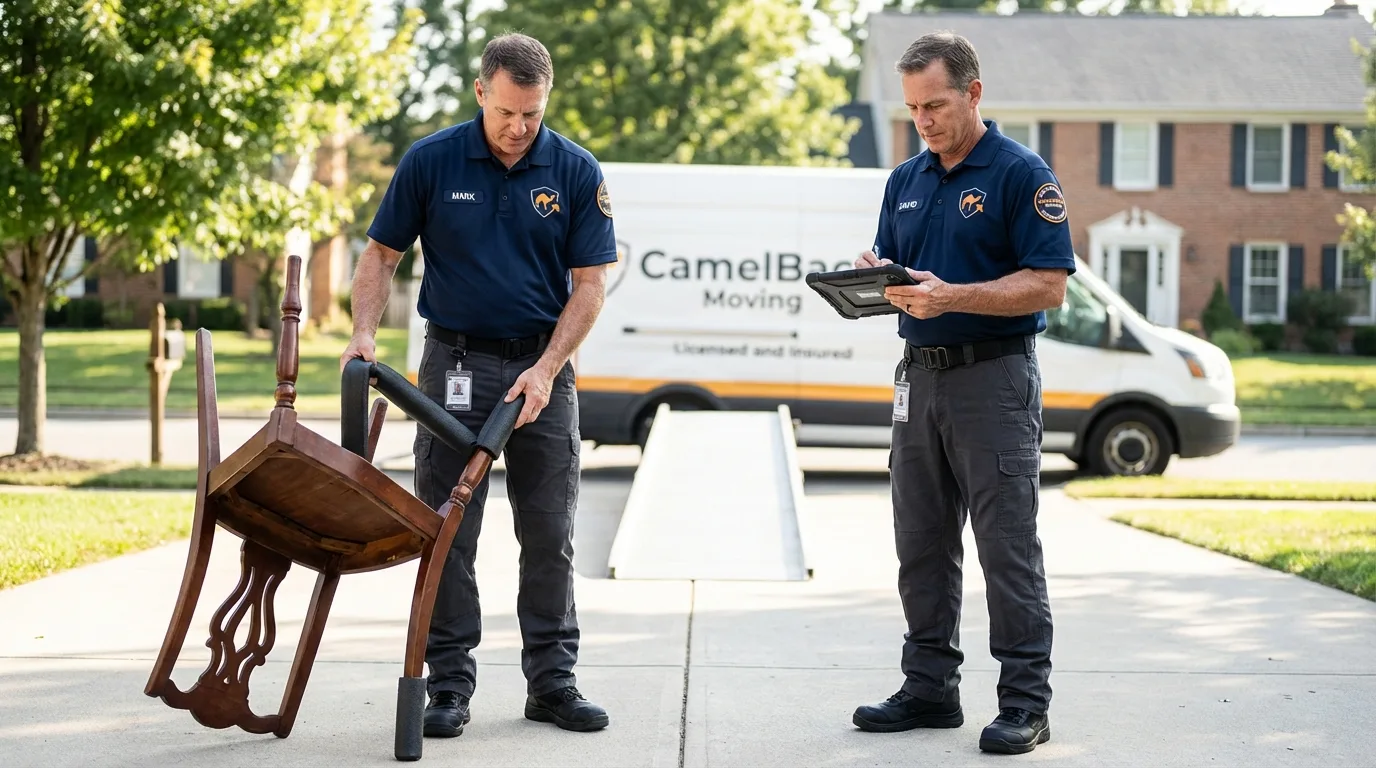 Movers inspecting furniture for damage prevention before loading in Fort Fairfield, ME