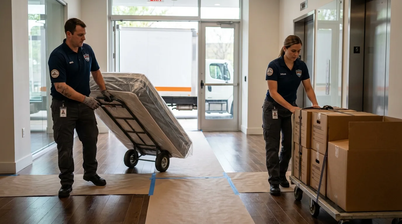 Professional apartment movers loading elevator in Fort Fairfield, ME