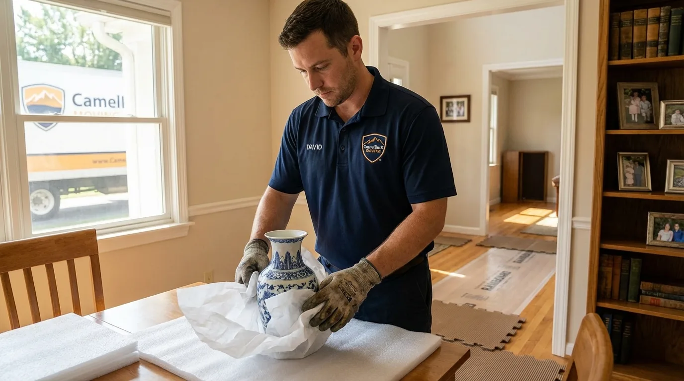 Professional crew carefully wrapping antique vase for senior downsizing move in Fort Fairfield, ME